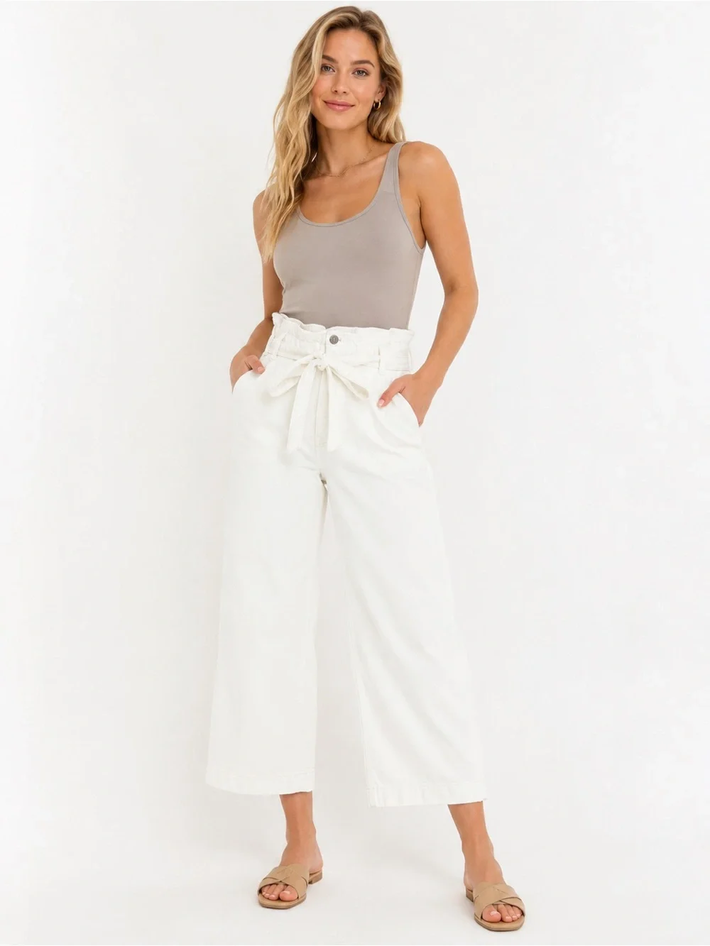 J.Crew White High Rise Wide Leg Cropped Jeans Tie Waist Size 32